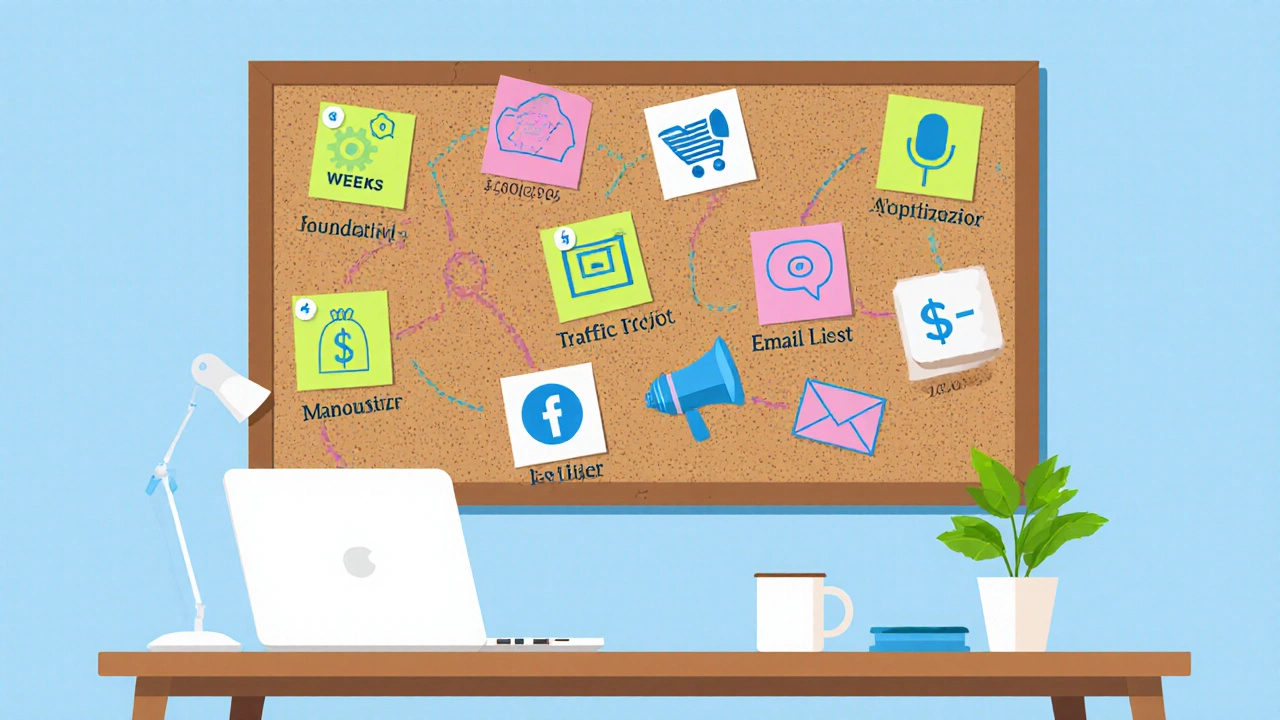 A corkboard showing a 12‑week blog plan with colored sticky notes and icons.