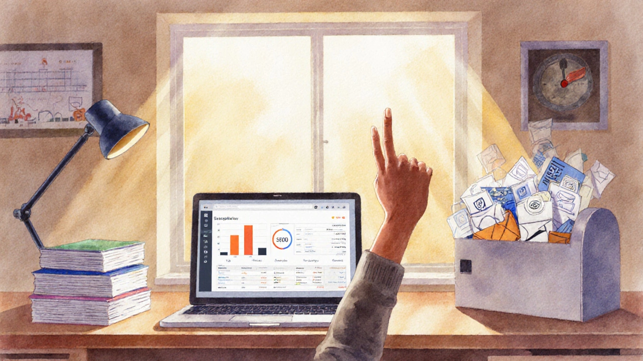 A home office scene of a blogger celebrating 0 earnings with laptop and email icons.