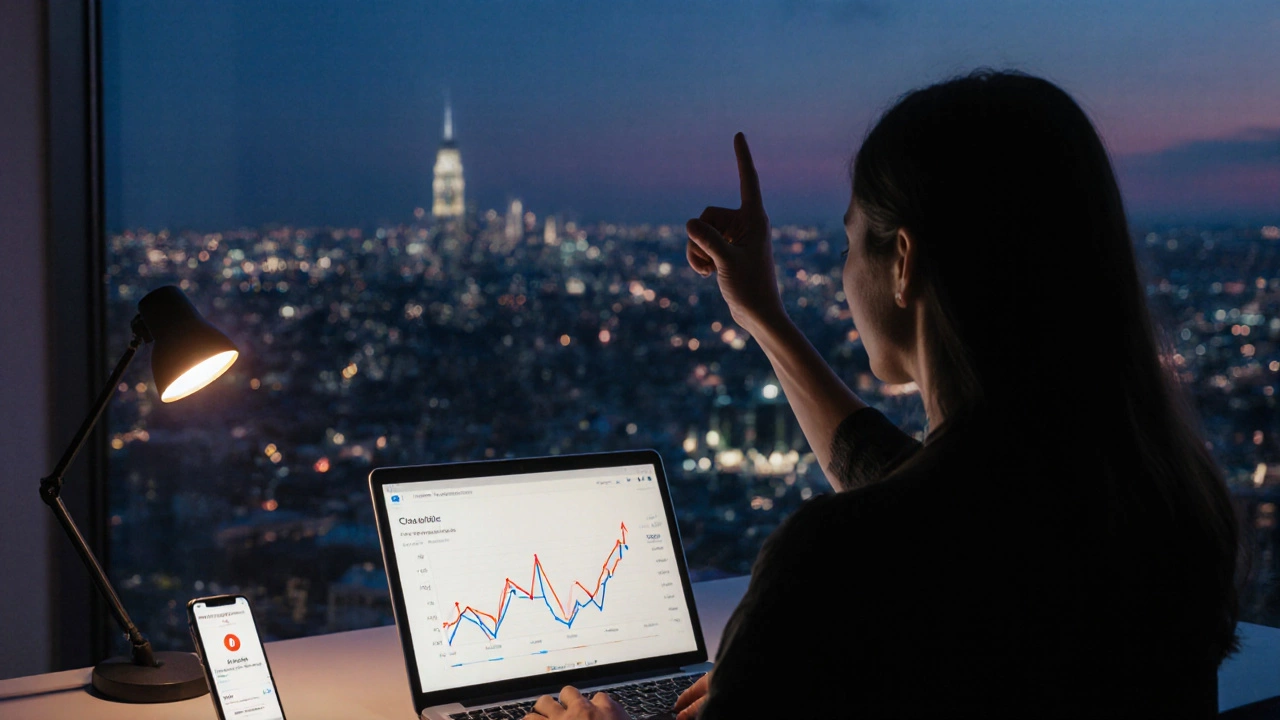 Blogger checking rising website traffic on laptop, celebrating success.