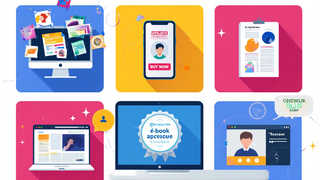 Collage showing ads, affiliate links, sponsored article, e‑book, membership badge, and consulting call.