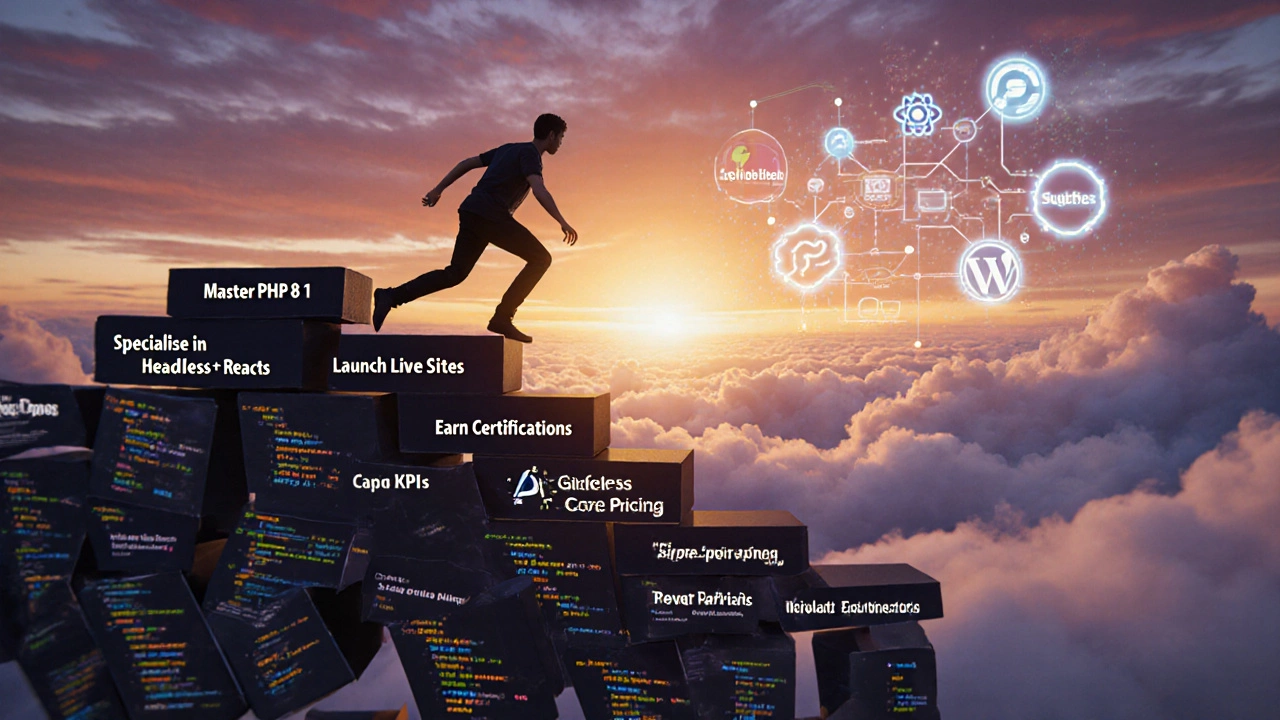 Developer climbing a staircase of code steps toward a sunrise, representing career milestones.