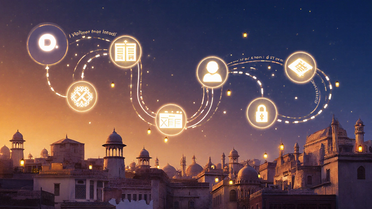 Financial roadmap winding through an Indian city with icons for domain, hosting, themes, and maintenance.