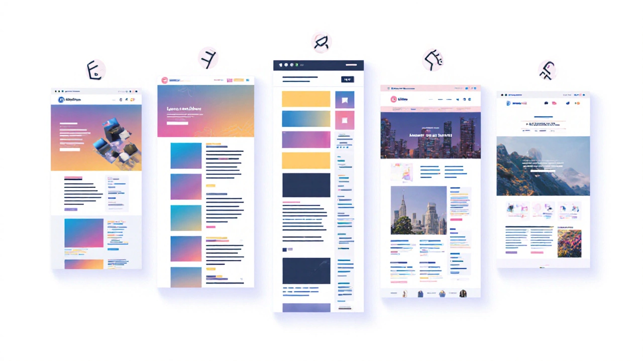 Five-panel illustration showing distinct blog platform styles from minimalist to design‑focused.