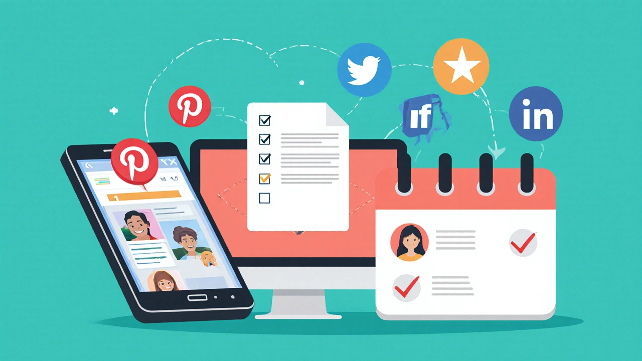 Flat illustration of phone, laptop, and calendar showing social and email promotion.