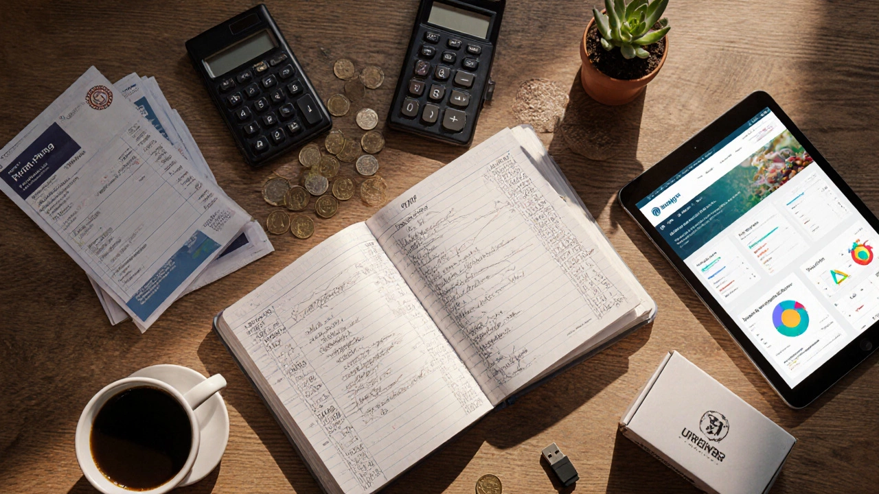 Flat lay of budgeting items: calculator, invoices, coins, theme box, and tablet dashboard.