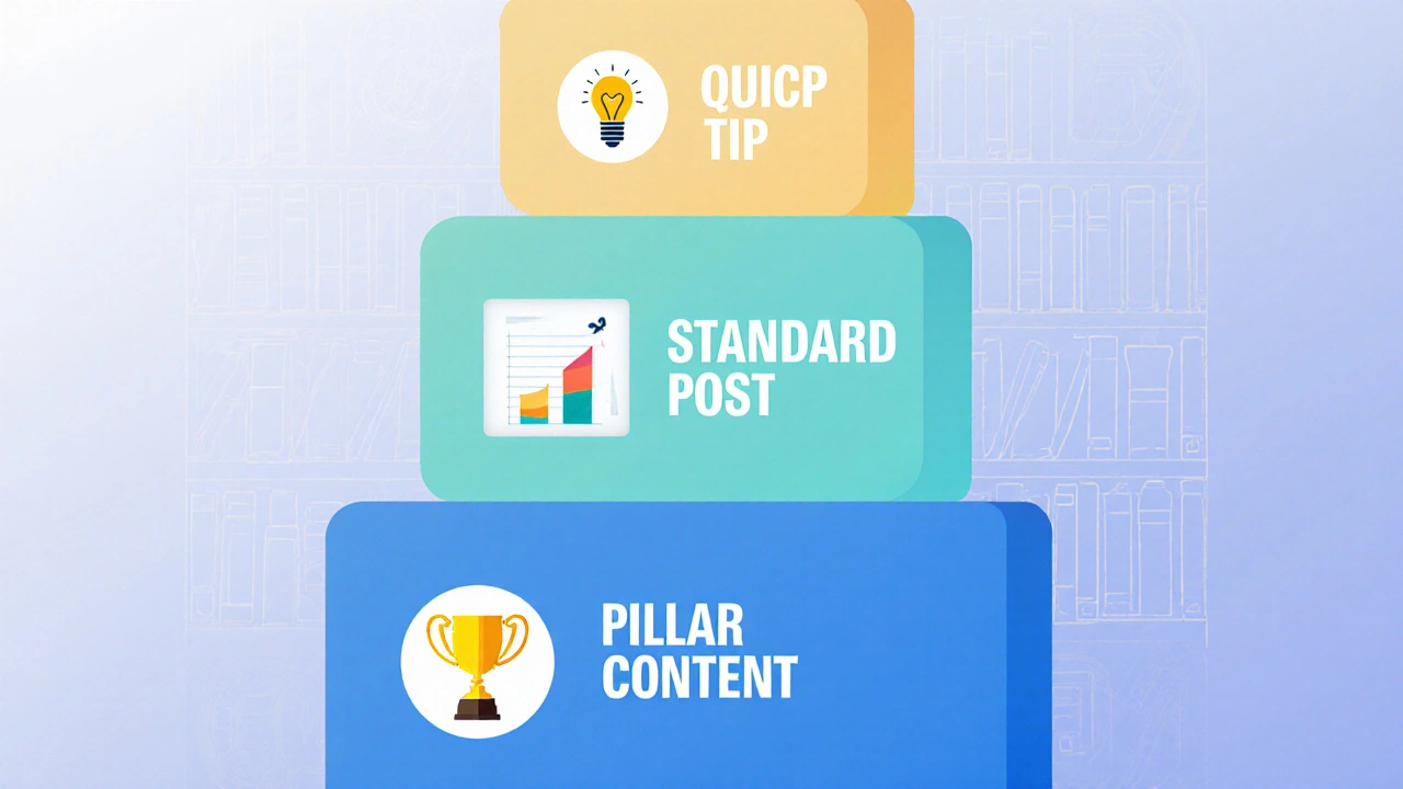 Four color‑coded boxes of increasing size representing blog post length categories, each paired with an icon.