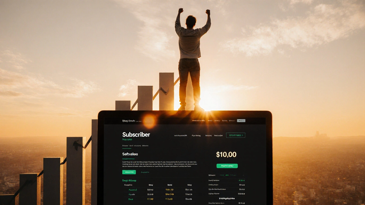 Freelancer celebrating on a rising graph arrow with a glowing blog screen in sunrise light.