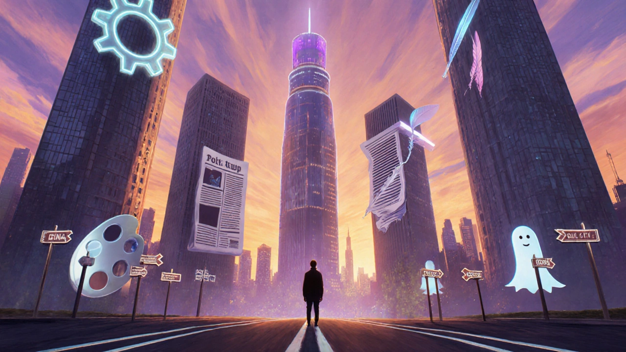 Futuristic city skyline with symbolic towers and a figure choosing a direction at sunset.