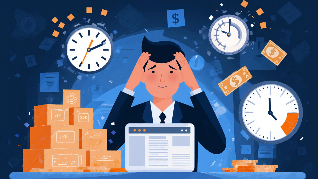 Illustration of a business owner overwhelmed by plugin boxes, clocks, and dollar signs.