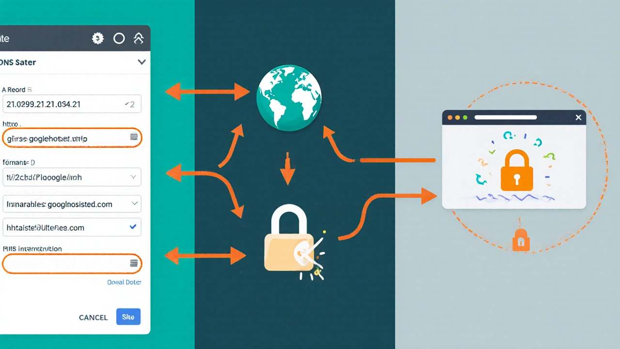 Illustration of DNS settings with A records and CNAME linking to Google Sites.