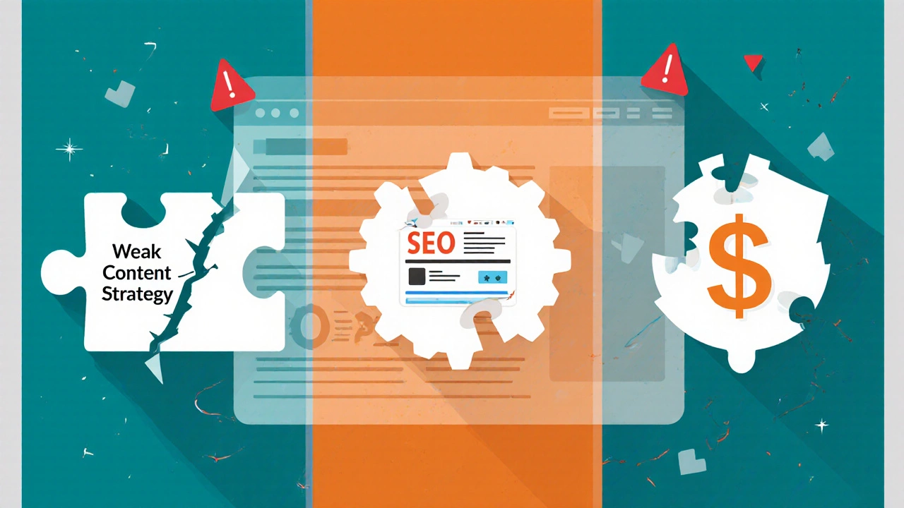 Illustration showing cracked puzzle, broken SEO gear, and busted dollar sign as blog failure reasons.