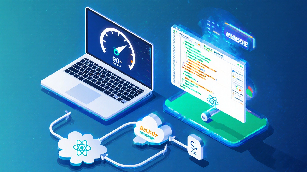 Isometric view of WooCommerce site, code editor, and DevOps pipeline showing performance metrics.