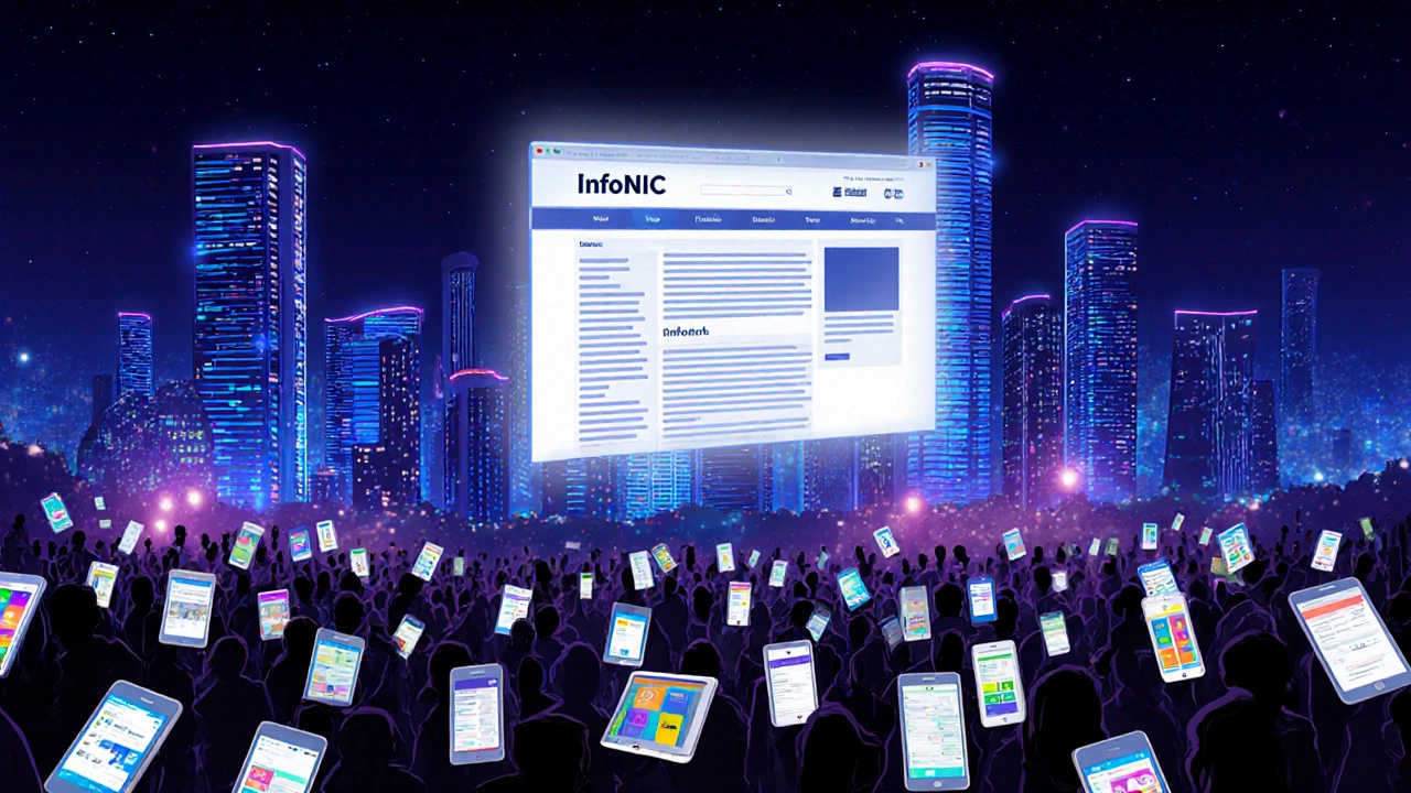Modern Indian city night sky overlaid with faint first Indian website page