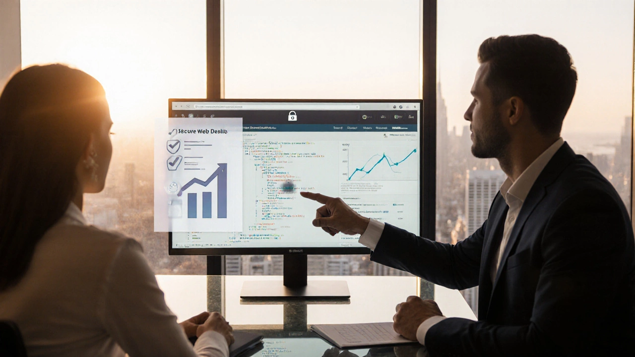 Office scene with developer showing a fast, secure e‑commerce site to a client.