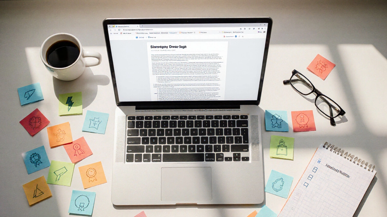 Overhead shot of desk with laptop, sticky notes and icons for keyword families.