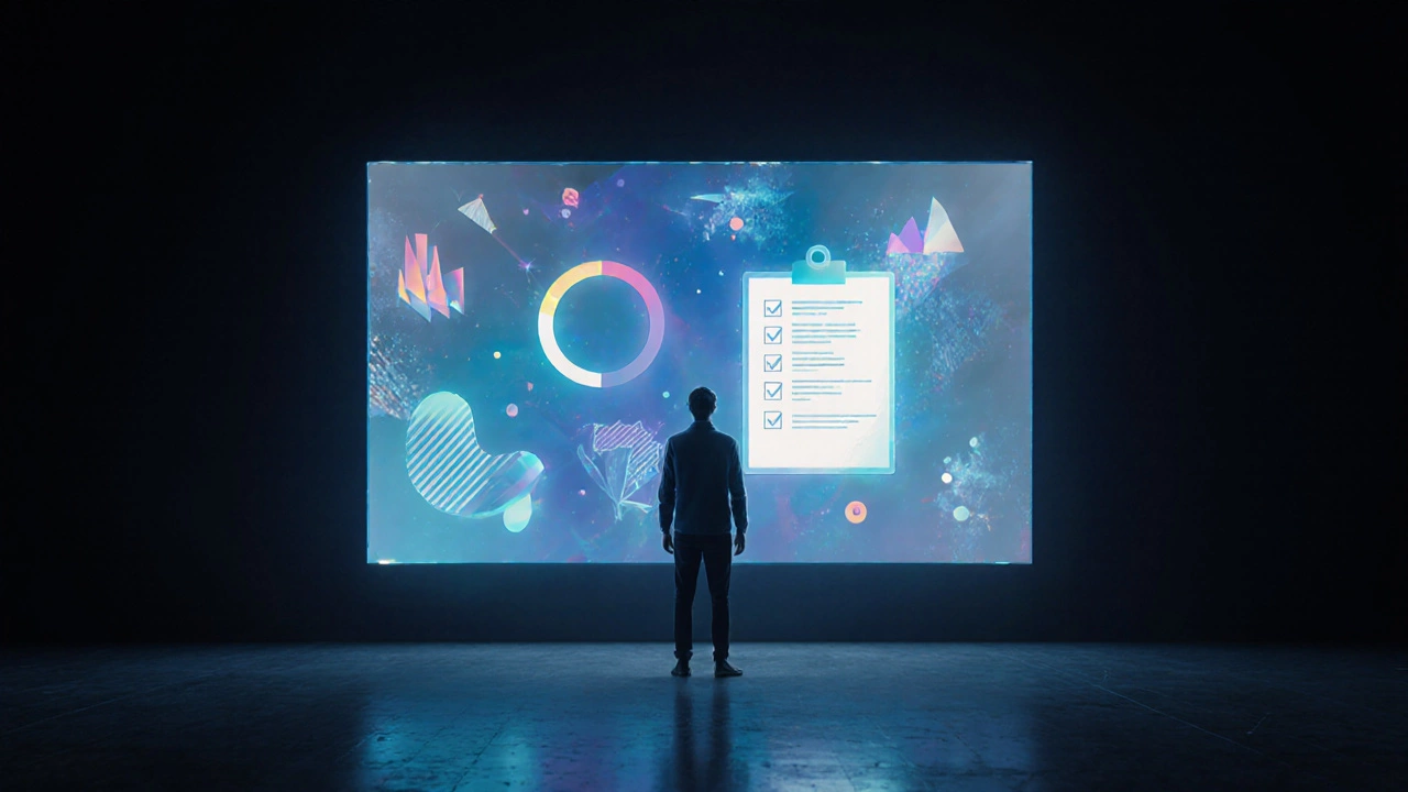 Person examining an animated analytics dashboard and floating checklist in a dimly lit studio.