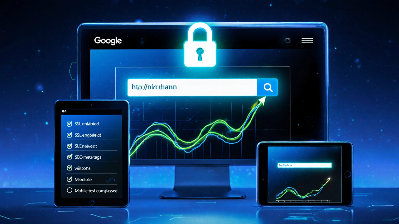 Responsive website on multiple devices with lock icon and analytics overlay.