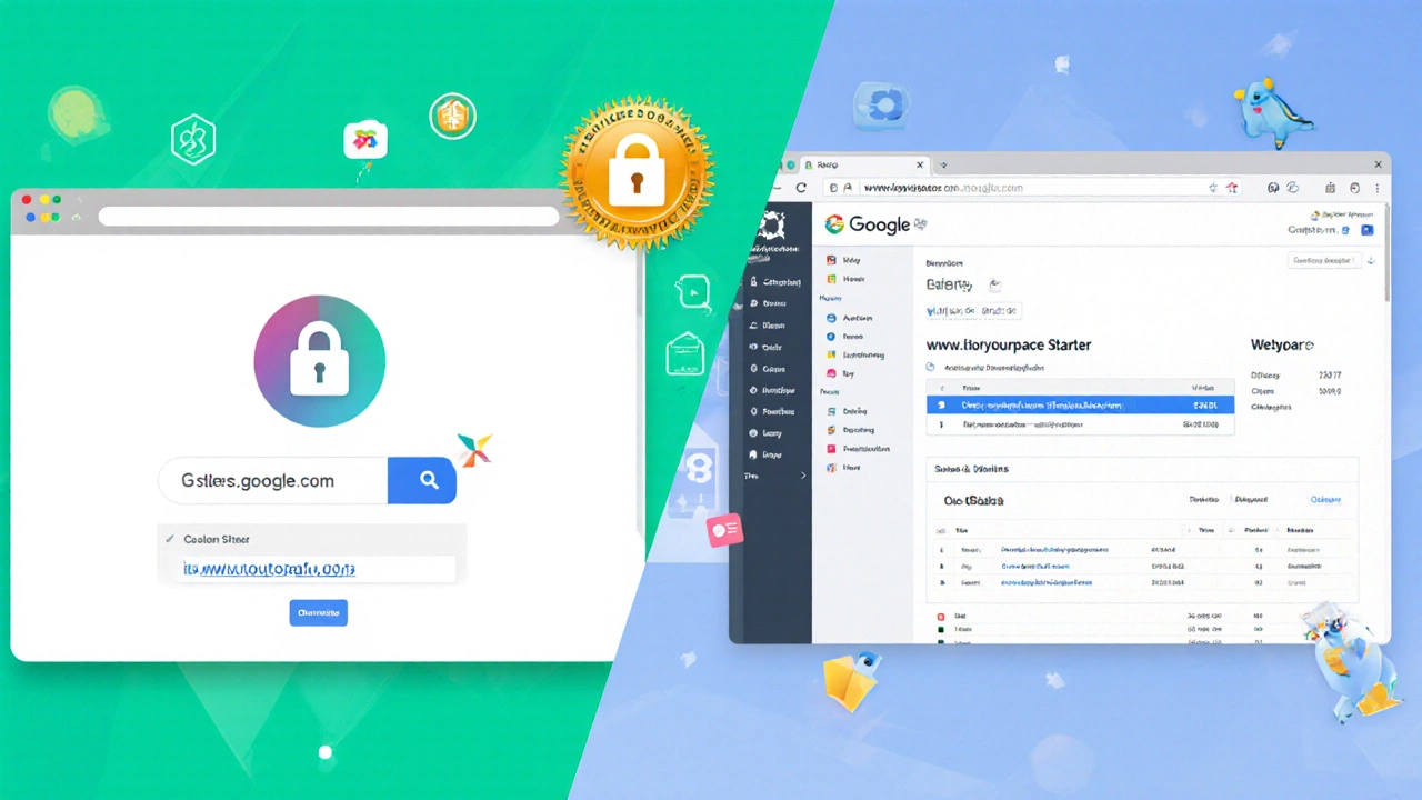 Side-by-side view of a default Google Sites URL and a custom domain site.