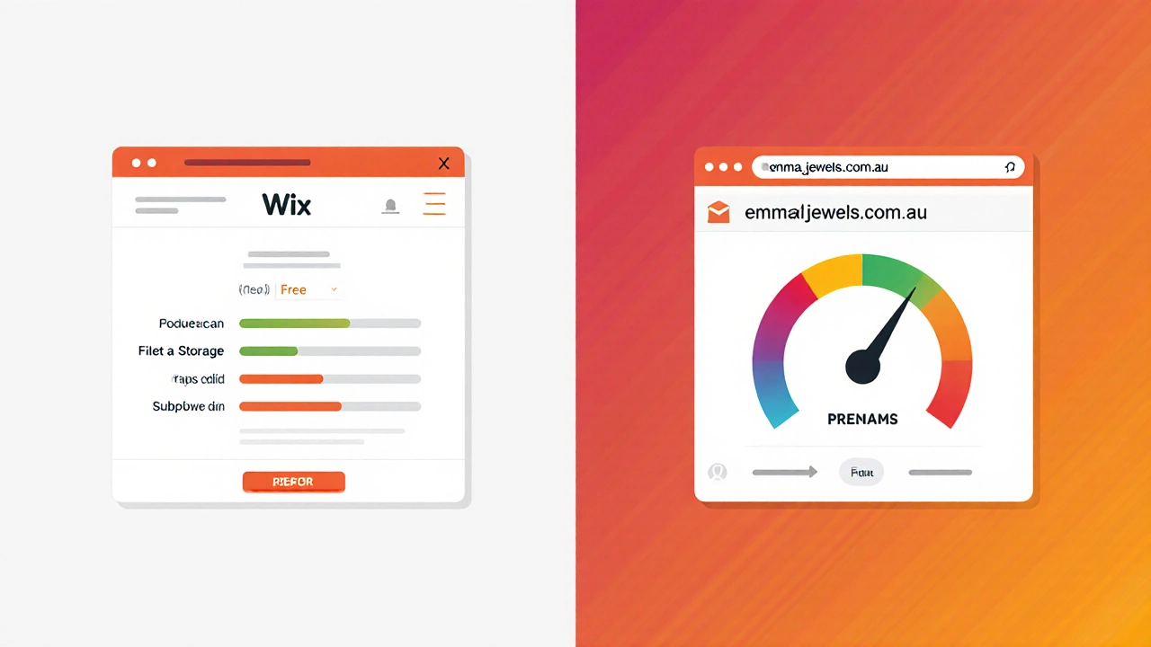 Split-screen showing free Wix plan limitations vs premium upgrade features.