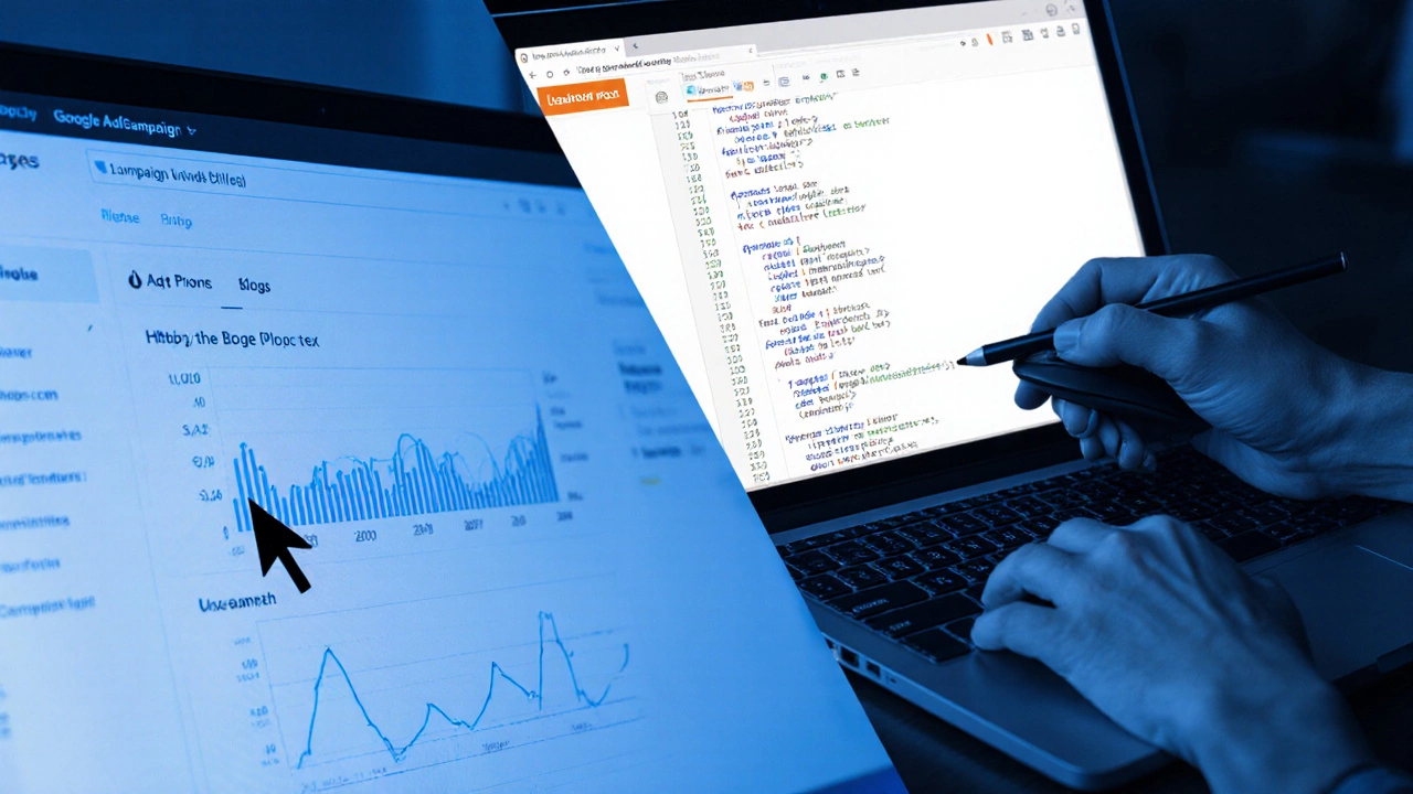 Split view of Google Ads dashboard and a Blogger HTML editor with ad code being added.
