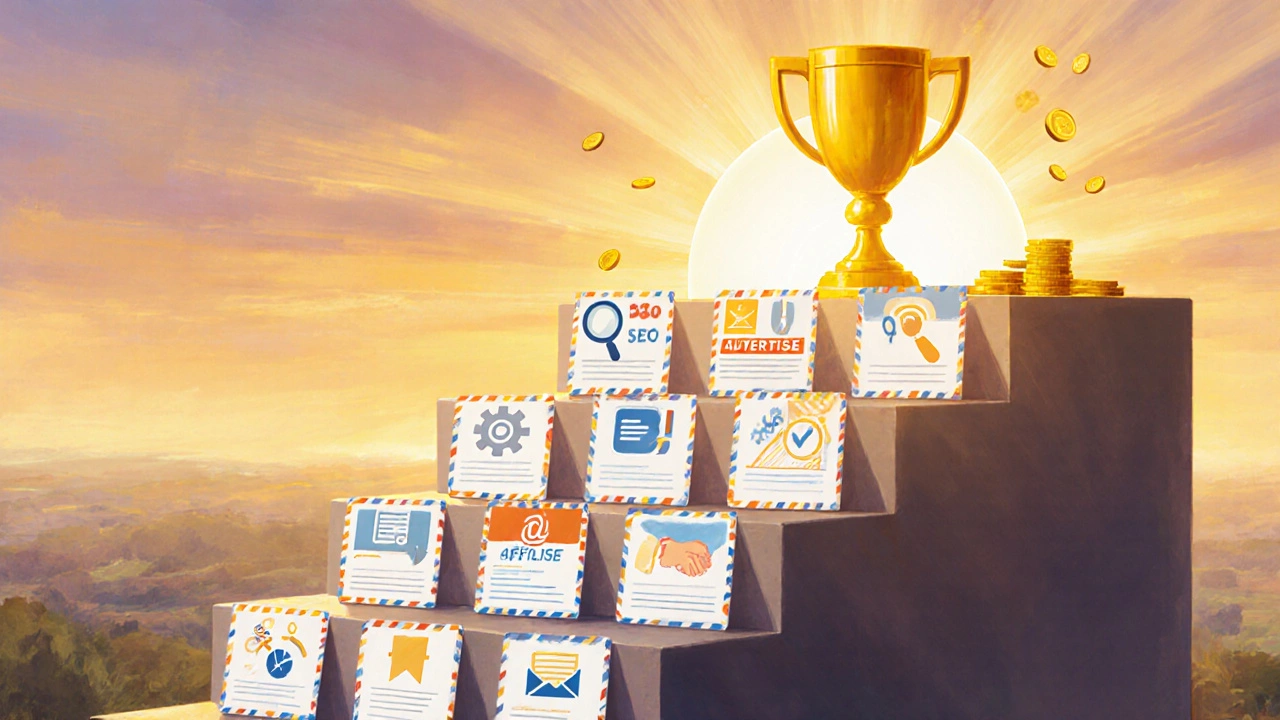 Staircase of blog post icons leading to sunrise and trophy, symbolizing growth and income.