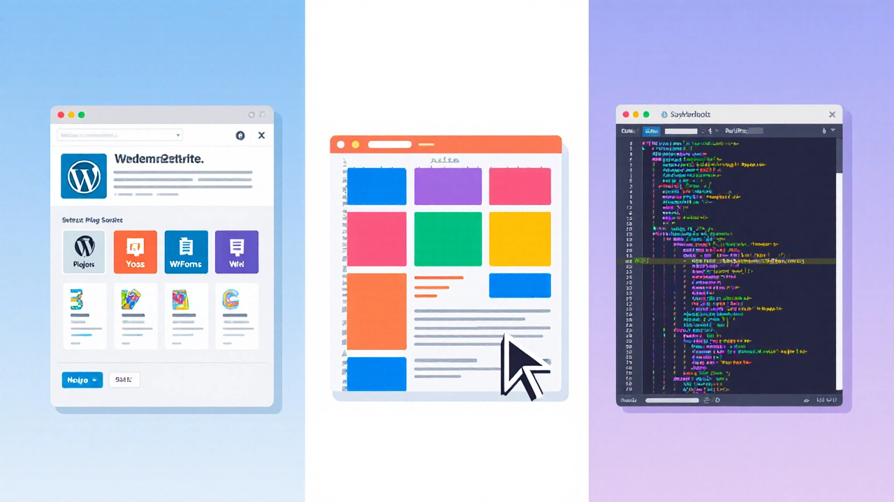 Three-panel illustration of WordPress dashboard, Wix builder, and code editor.