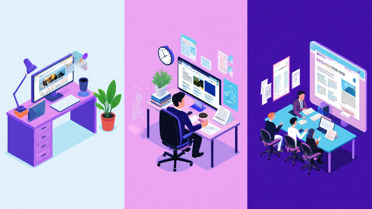 Three side‑by‑side workspaces showing DIY home desk, freelancer co‑working space, and agency office.