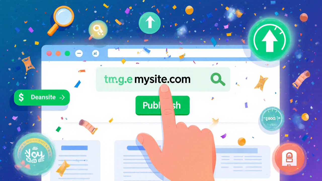 User publishing a new site with custom domain, SEO icons and celebratory icons.