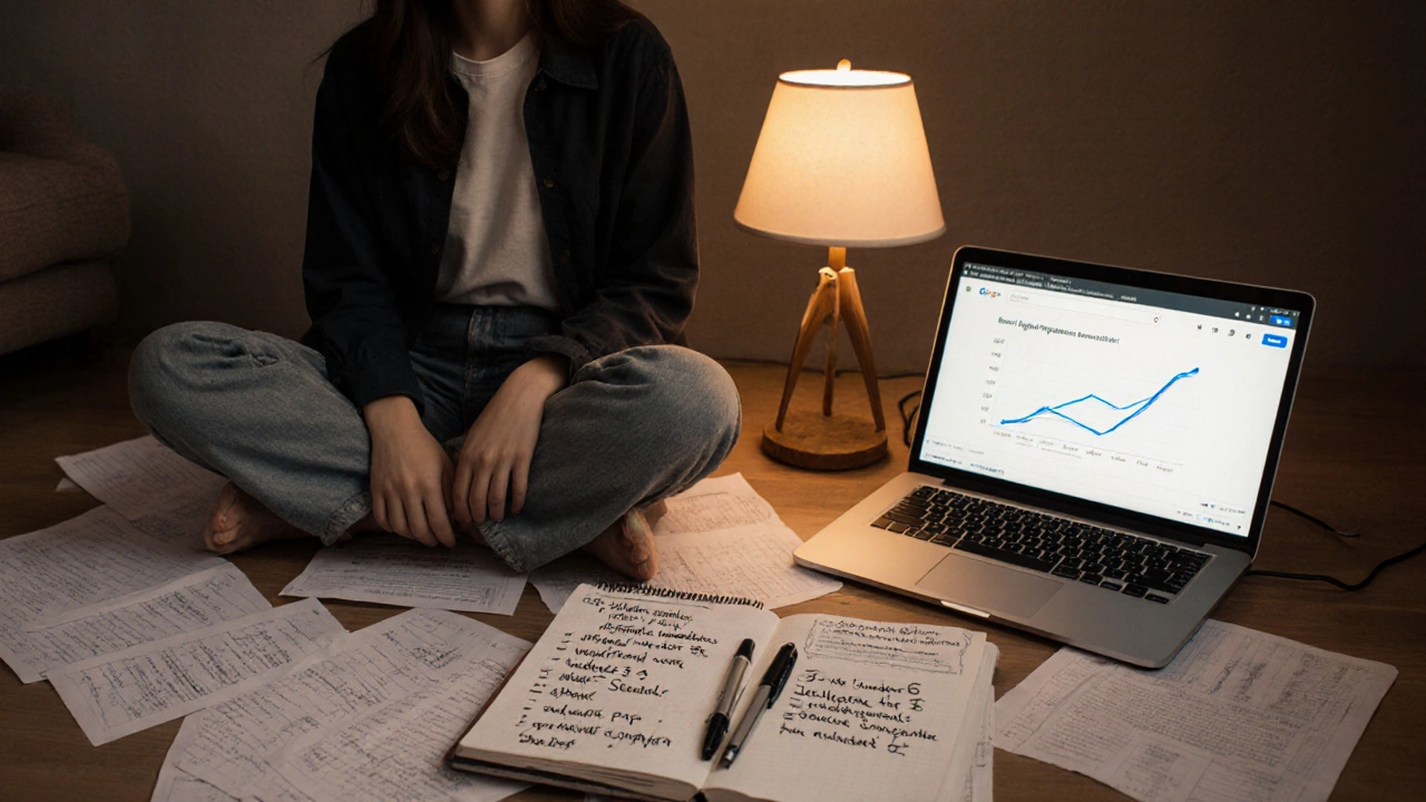 A blogger reviewing search console data and handwritten keywords on the floor.