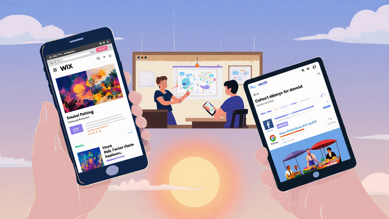 Collage of someone using free website builders for art, education, and small business at different locations.