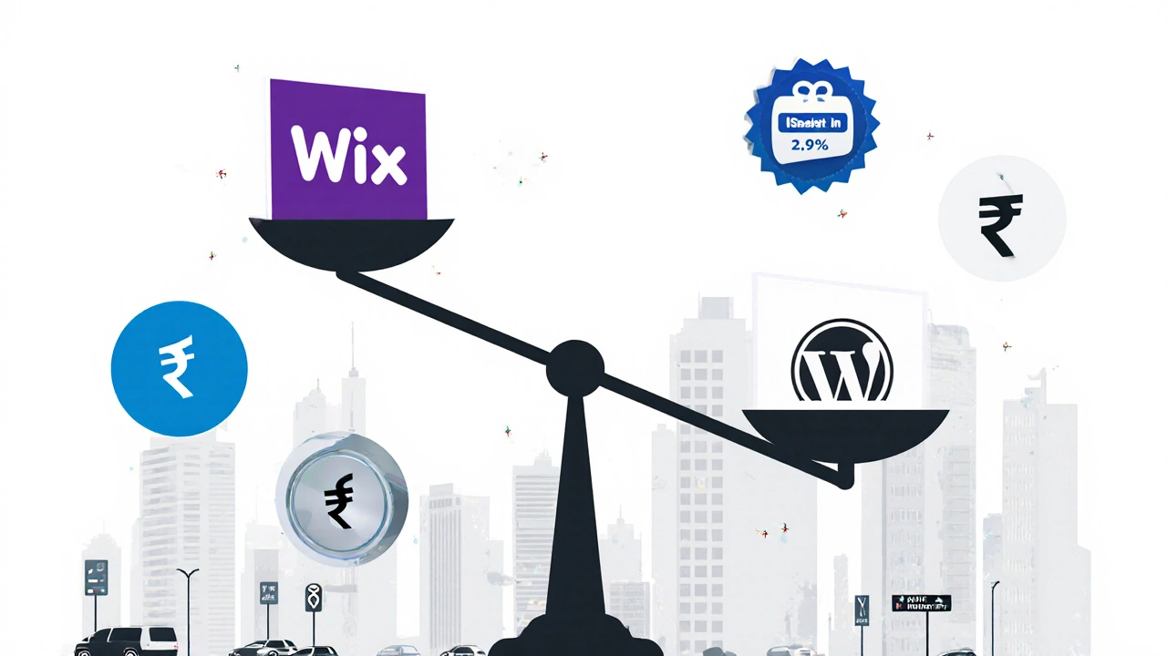 Comparison scale showing Wix, Shopify, and WordPress with hidden cost icons