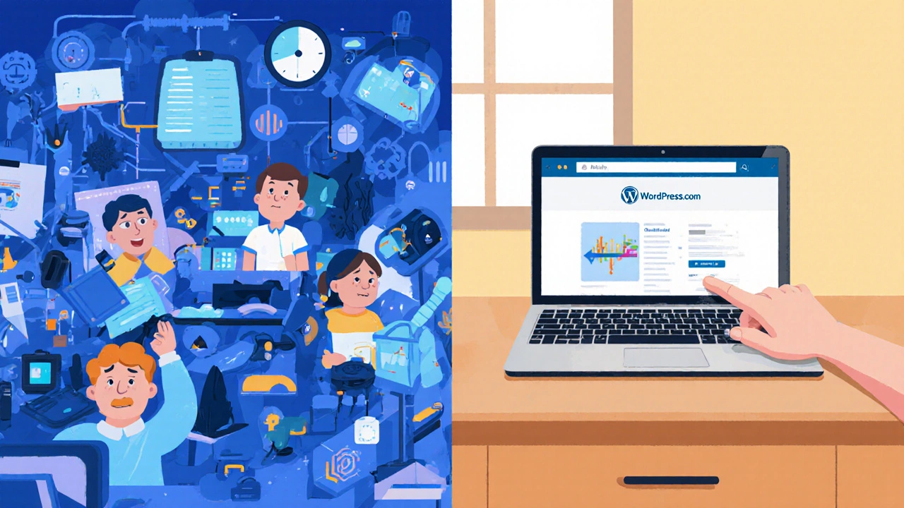 Contrast between complicated tech setup and simple blog publishing