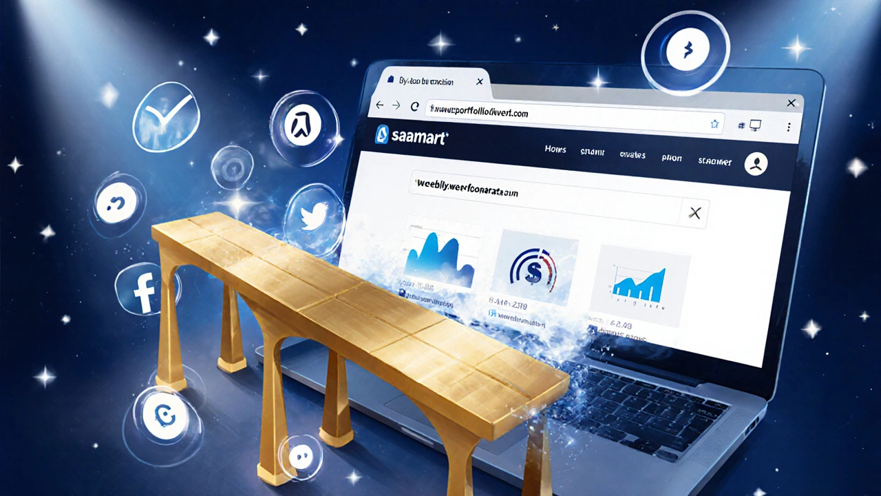 Digital transformation from free subdomain site to custom domain with golden bridge connecting them.