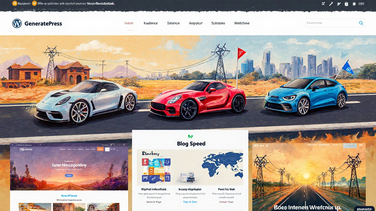 Five WordPress themes represented as speed vehicles racing on a highway with Indian landscapes in background.