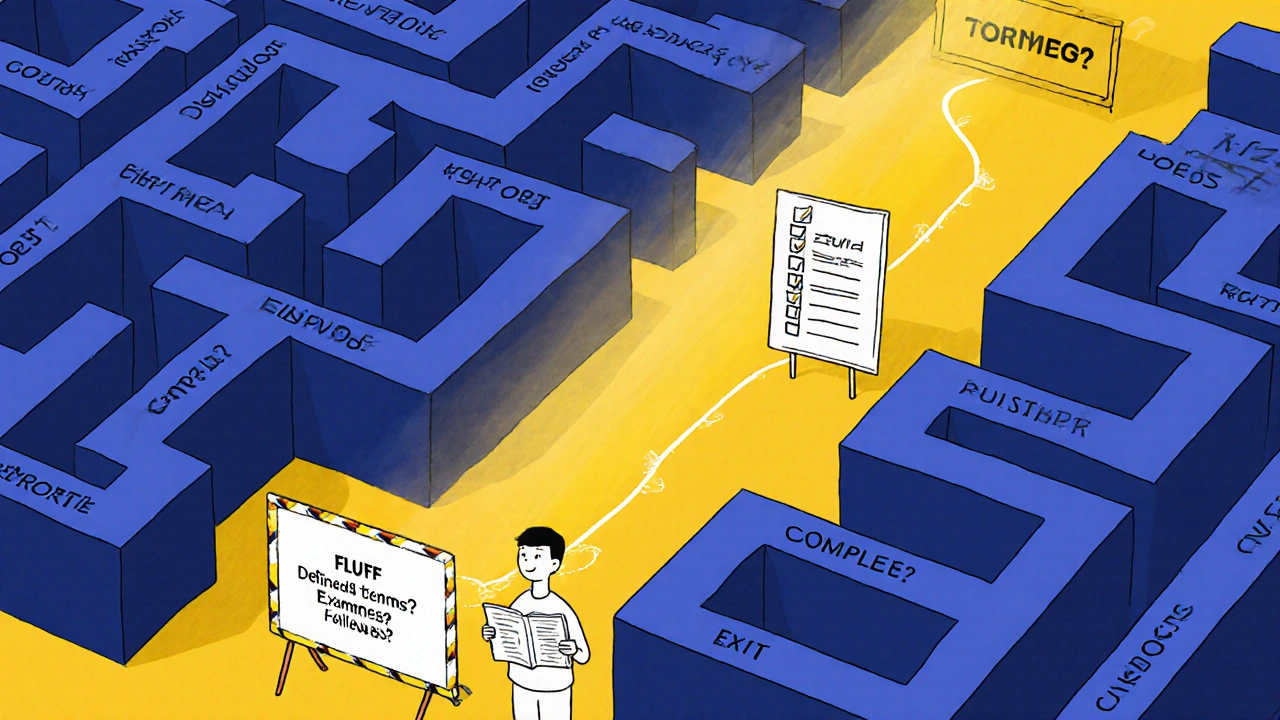 Illuminated path through text maze leading from question to complete answer