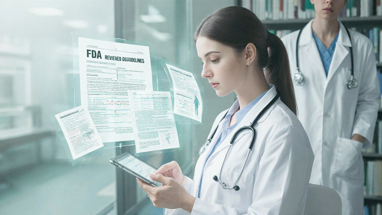 Medical writer reviewing health guidelines with floating educational diagrams in a library setting.