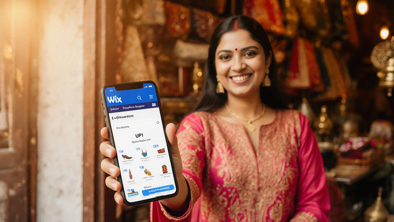 Mobile phone showing Wix site with UPI payment, held by entrepreneur outside her shop