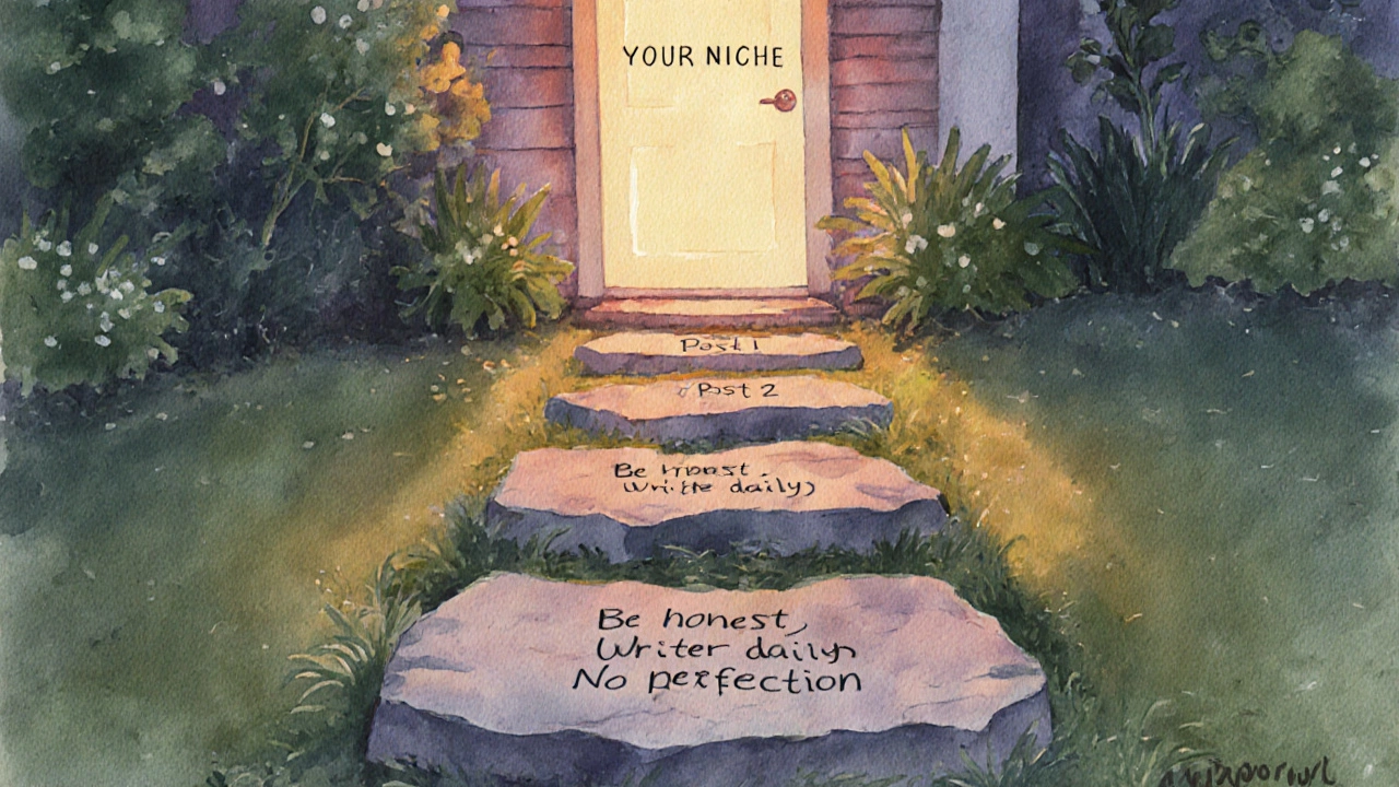 Path of blog posts leading to a glowing door labeled &#039;Your Niche&#039;