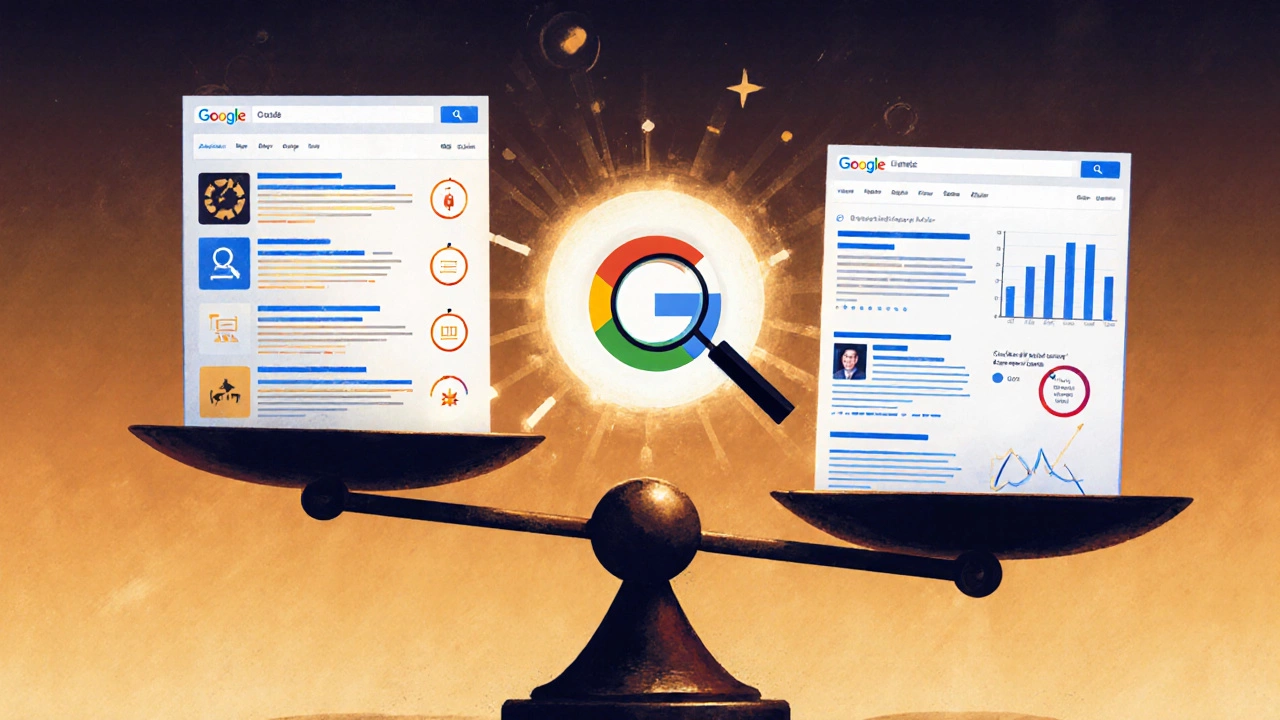 Scales balancing short guide and deep-dive article under Google logo