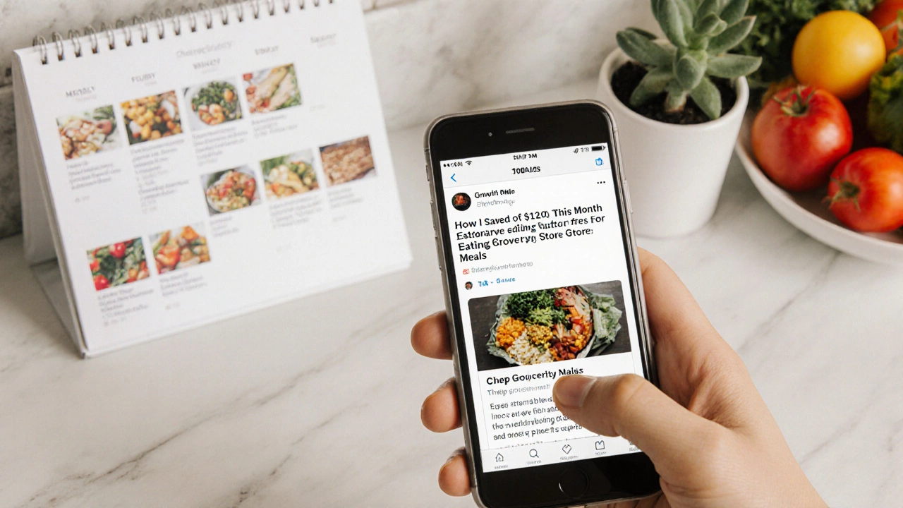 Smartphone showing a blog post about budget meals next to grocery items on a kitchen counter.