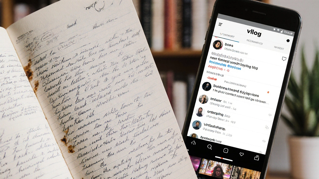 Split-screen showing a handwritten blog next to a smartphone vlog interface with comments.