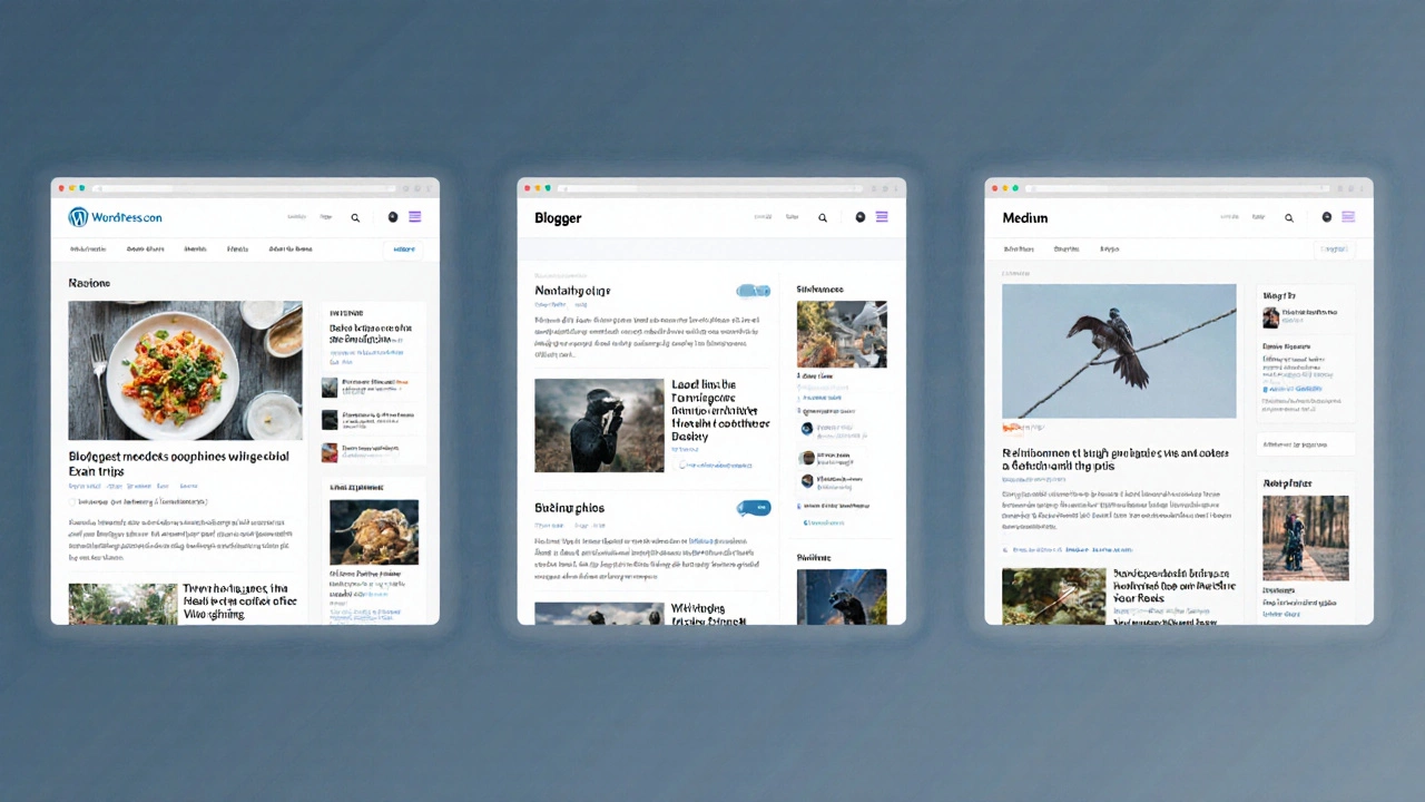 Three free blogging platforms displayed side by side with sample blog content on screen.