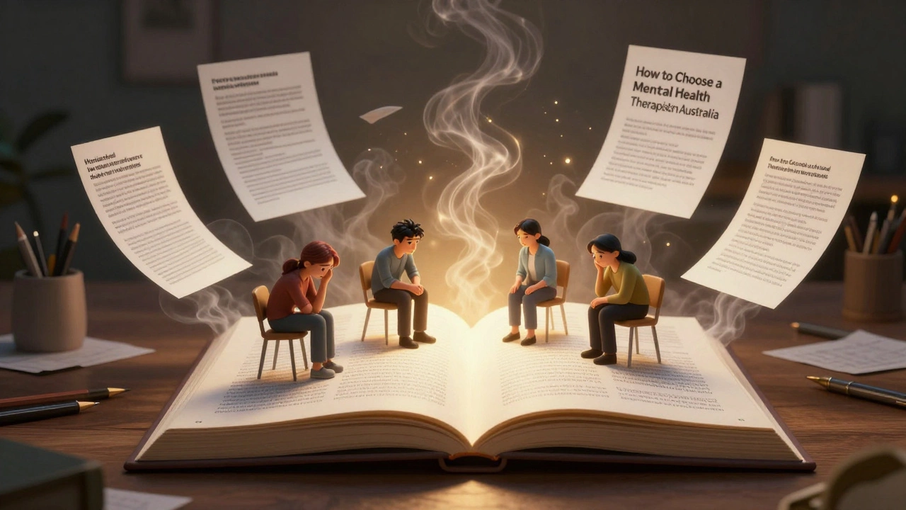 A glowing long-form guide emerges from AI drafts, helping people find mental health support.