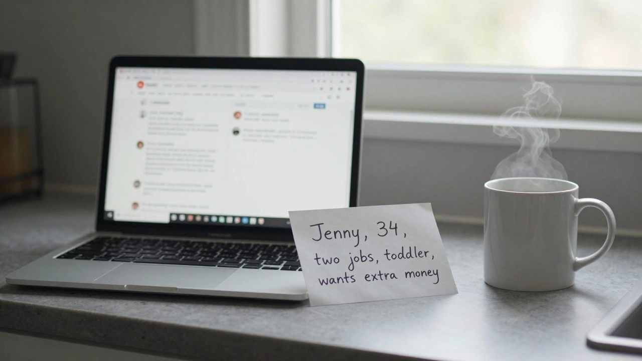 A handwritten note about a reader named Jenny next to a laptop showing real online questions from bloggers.