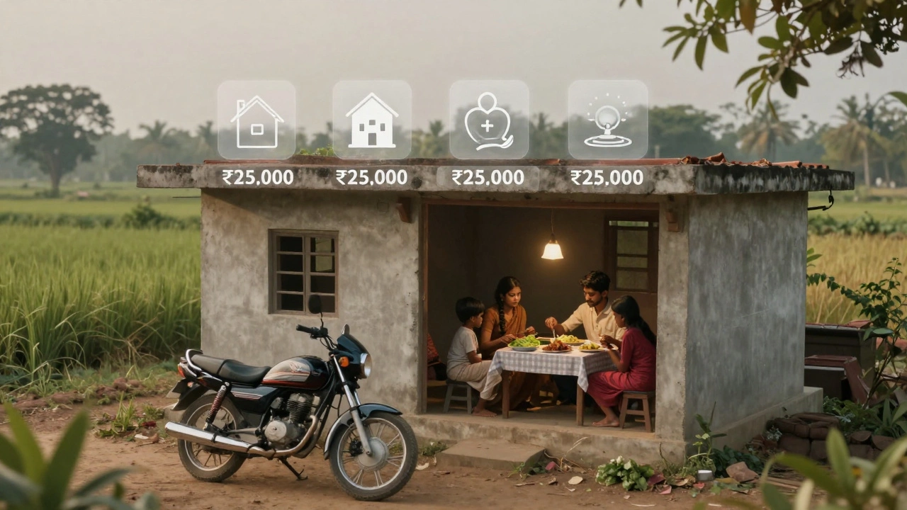 A rural Indian family enjoys a meal in their concrete home, with symbols of security like education and healthcare floating above.