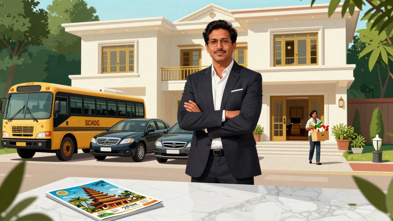 A wealthy professional in South Delhi stands before a large home with two cars, private school bus waiting nearby.