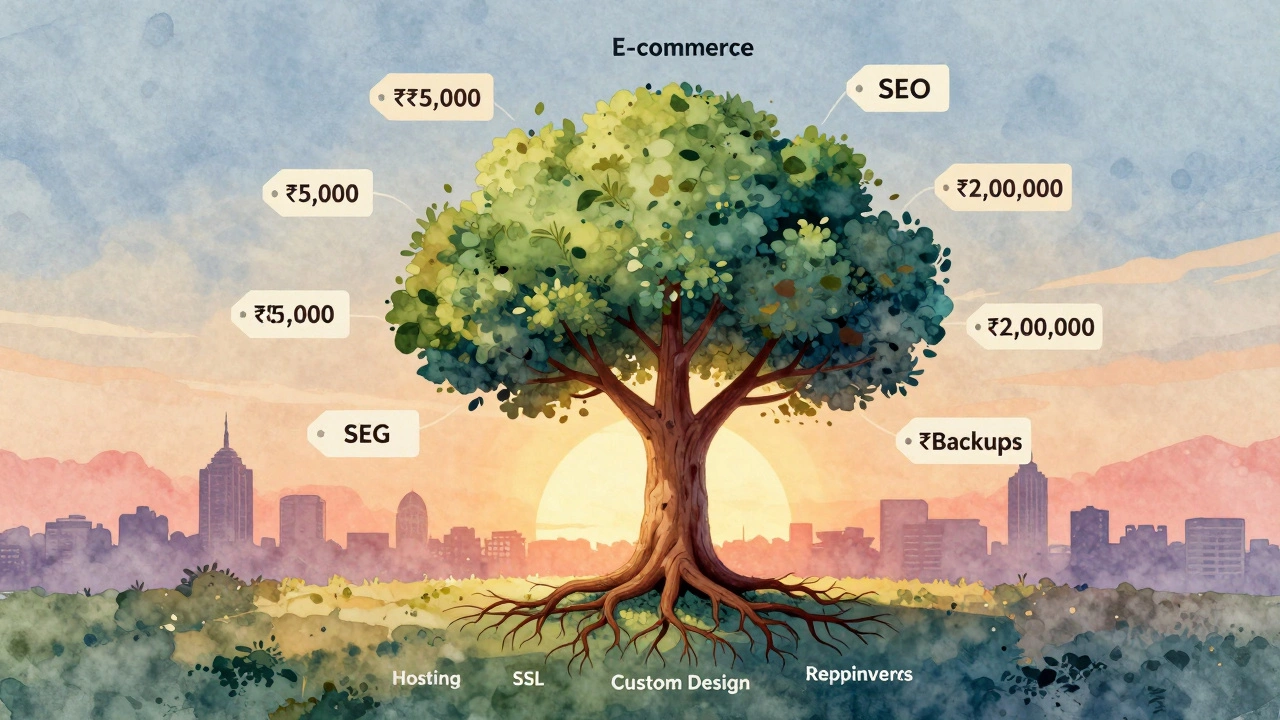 A WordPress website visualized as a growing tree with cost tags and essential components as roots and branches.