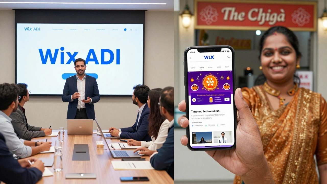 An Indian small business owner using Wix on a mobile phone, while Israeli developers innovate remotely.