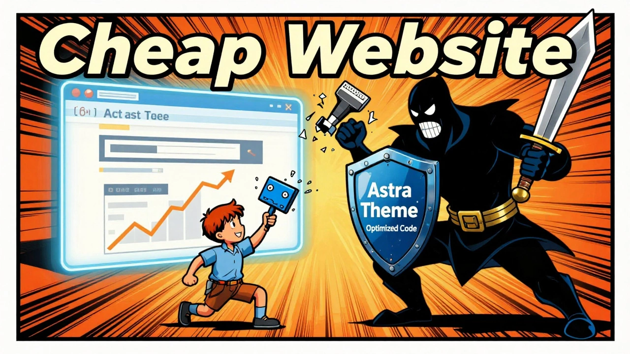 Comic book hero defeating a villain representing a poorly built website using optimized tools and design.