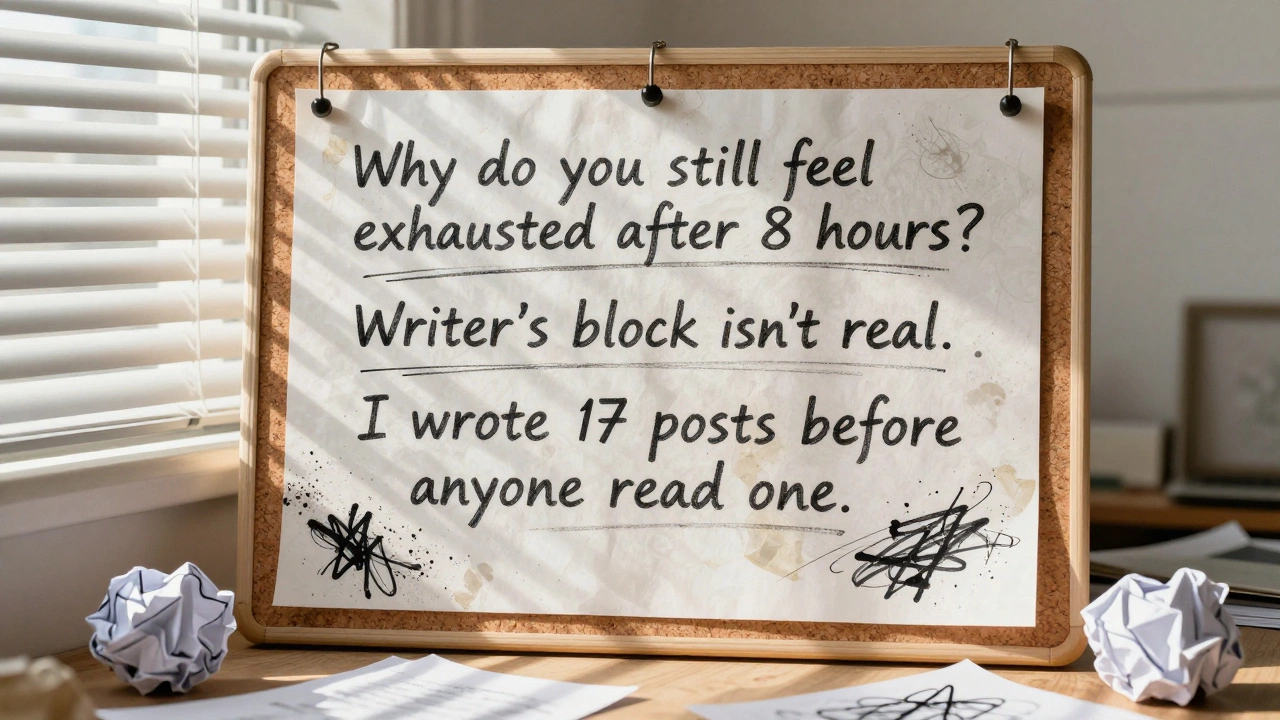 Corkboard with raw blog first lines, crumpled papers on floor, morning light.